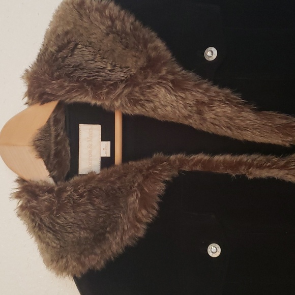 Corduroy jacket with  cream faux trimmed collar and cuffs. Dark brown. - Picture 3 of 15